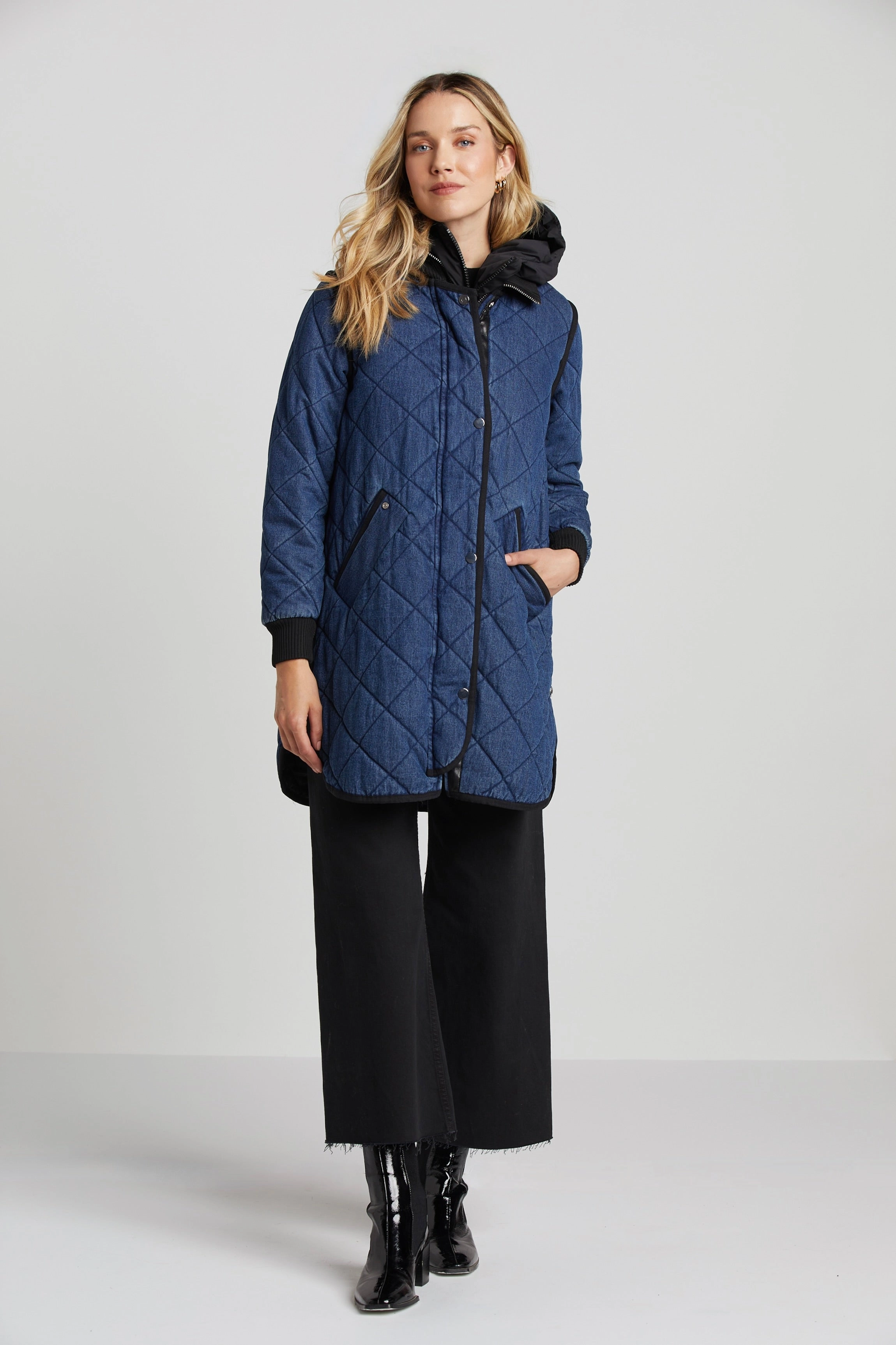 Libby Quilted Full Zip Coat - Denim elastic waistband Low Profile Collar