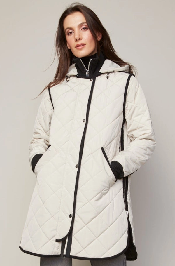 Libby Quilted Full Zip Coat With Removable Hood - Birch Hooded Attachment Flexible Fleece Lining