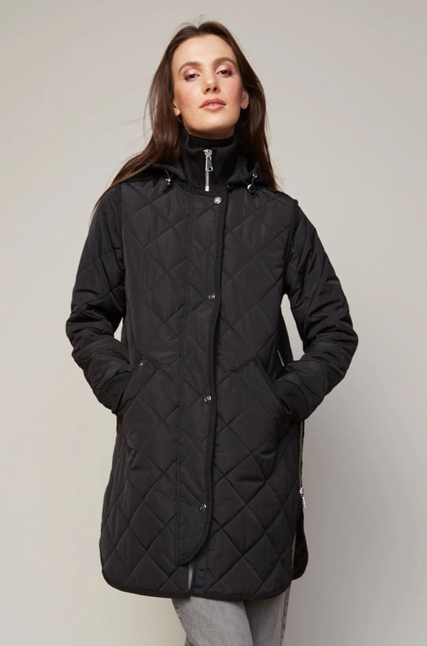 Libby Quilted Full Zip Coat With Removable Hood - Black Compact Storage