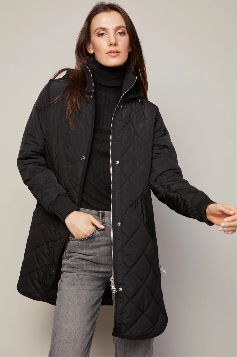 Libby Quilted Full Zip Coat With Removable Hood - Black Compact Design Climate Adaptive Design