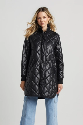 High Collar Design BondedSeams Liberty Quilted Full Zip Vegan Leather Coat With Side Zipper - Black