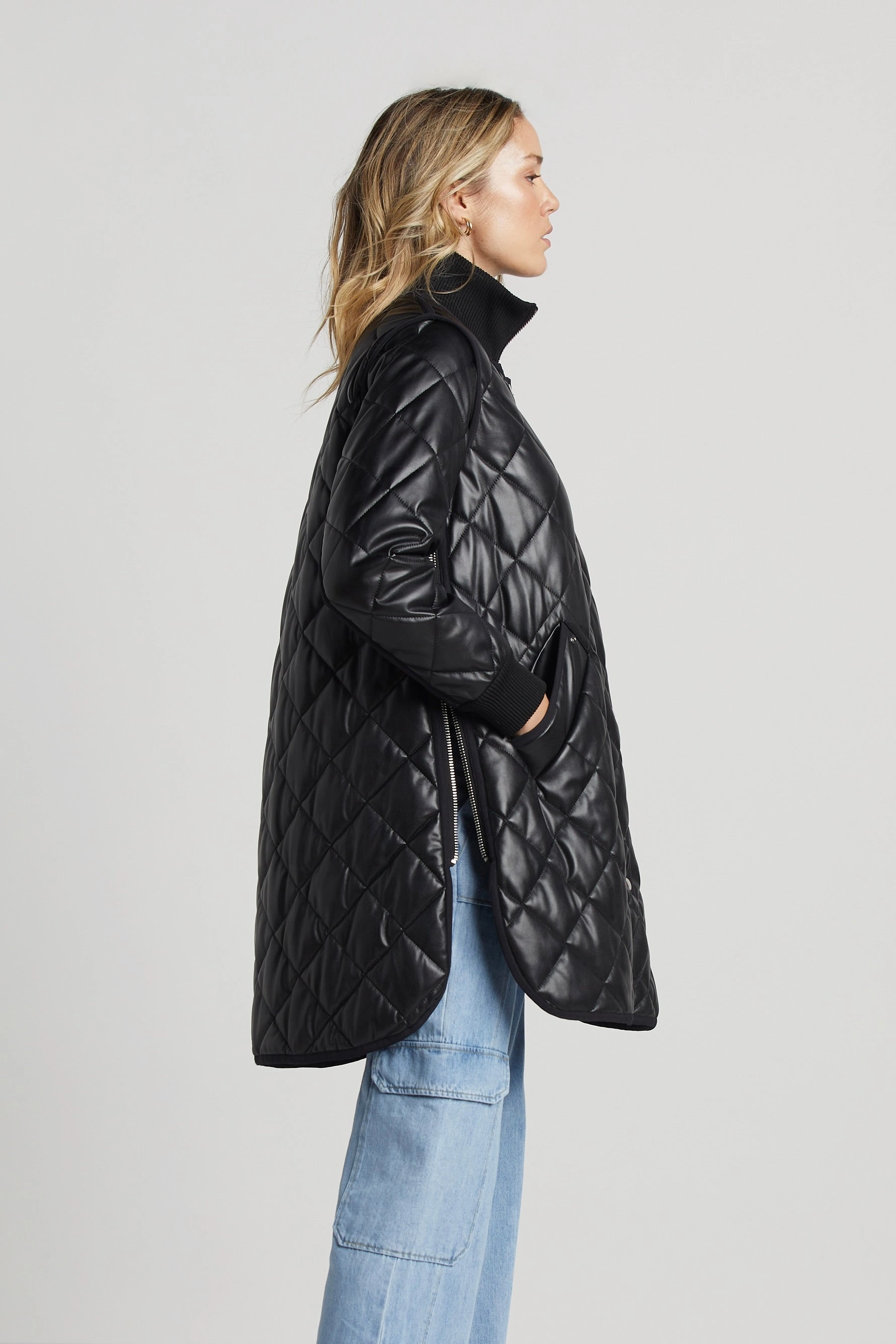 Liberty Quilted Full Zip Vegan Leather Coat With Side Zipper - Black Adaptive Tension Bands Adjustable Fit Design