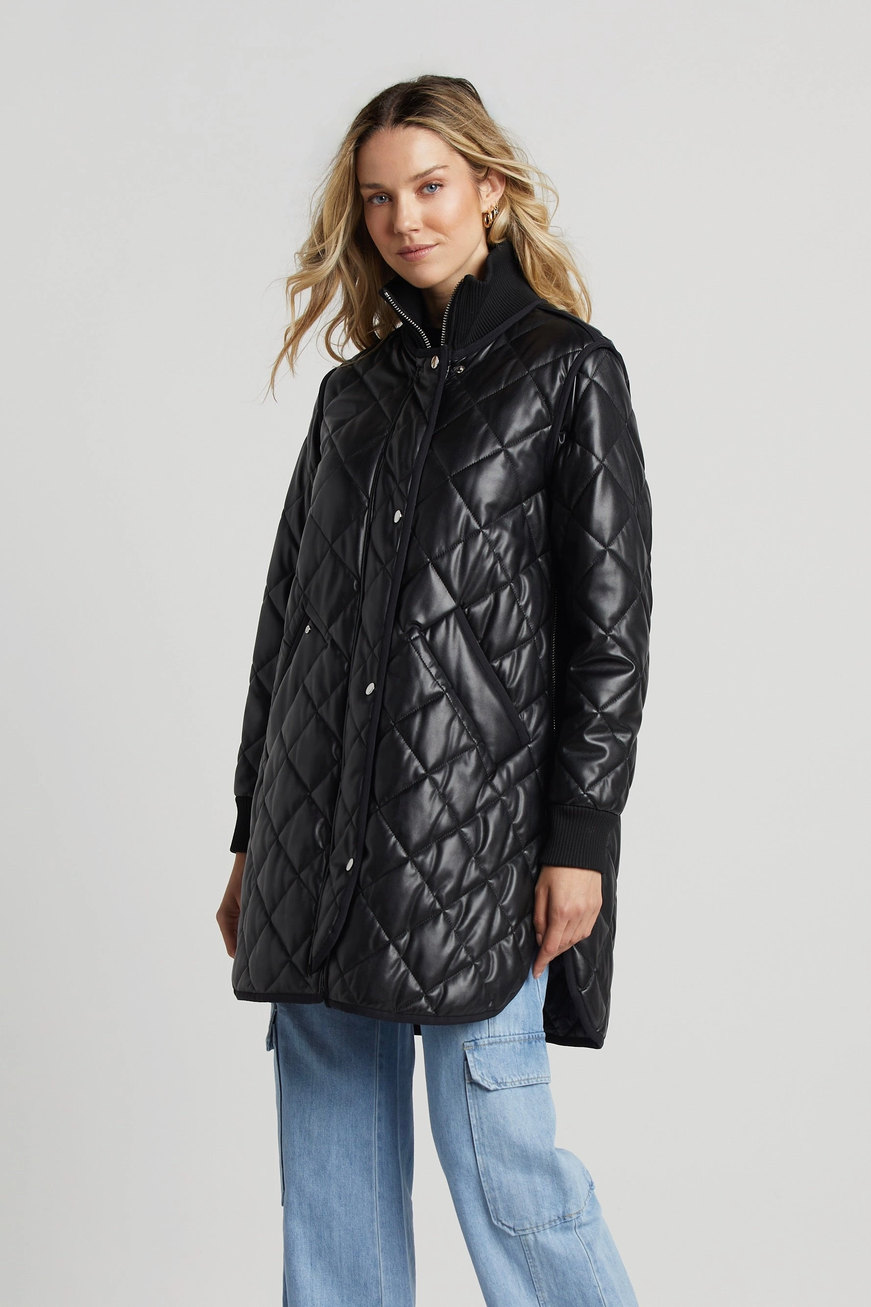 Fleece Lined Flexible Waistband Liberty Quilted Full Zip Vegan Leather Coat With Side Zipper - Black