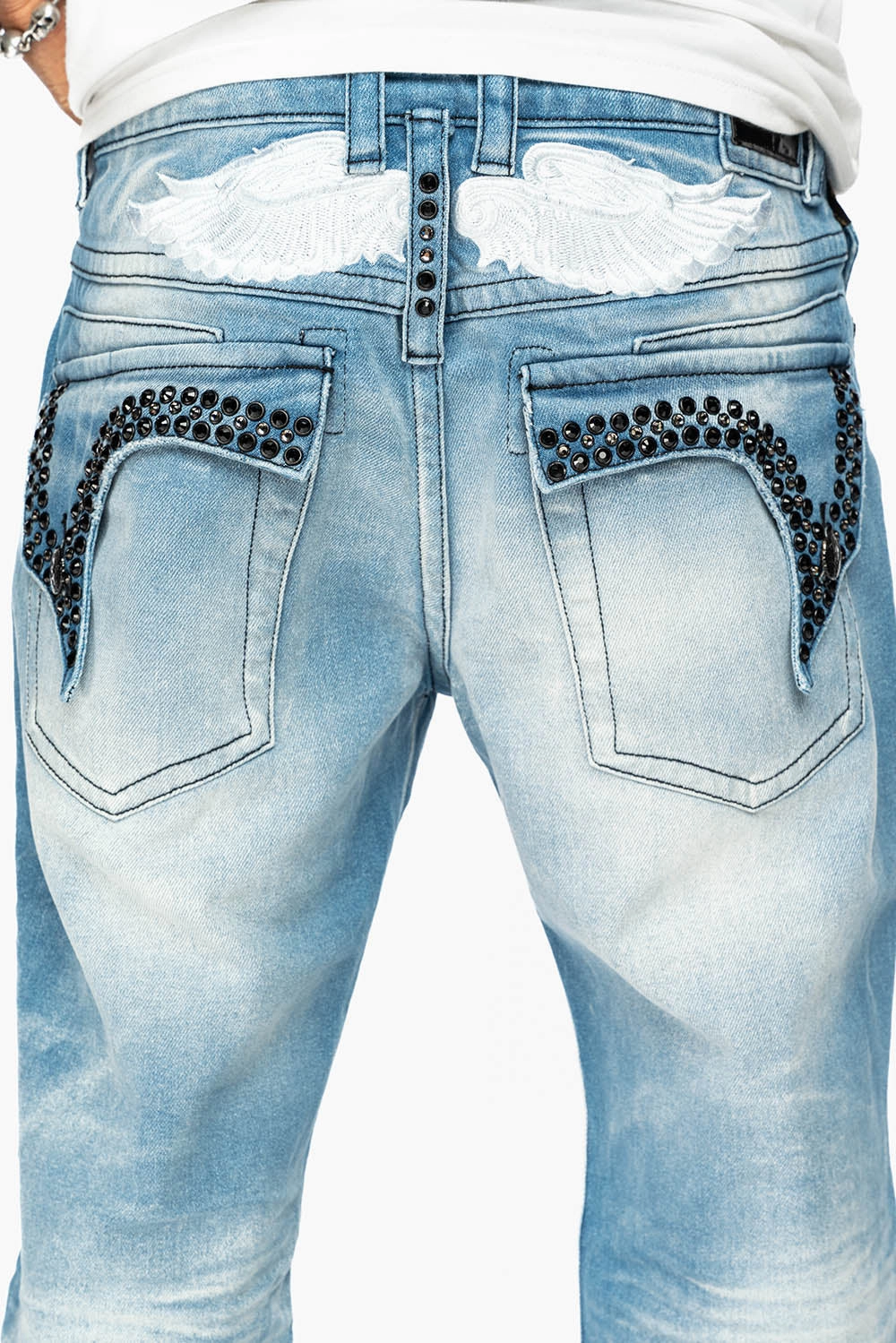 KILLER FLAP MENS STRAIGHT LEG JEAN IN OMAHA LIGHT BLUE WASH EMBELLISHED WITH J CRYSTAL Minimalist Style Holiday Vibes Weekend Warrior Perfect Basic