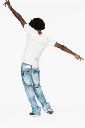 Date Night Casual Friday Comfortable Outfit KILLER FLAP MENS STRAIGHT LEG JEAN IN OMAHA LIGHT BLUE WASH EMBELLISHED WITH J CRYSTAL