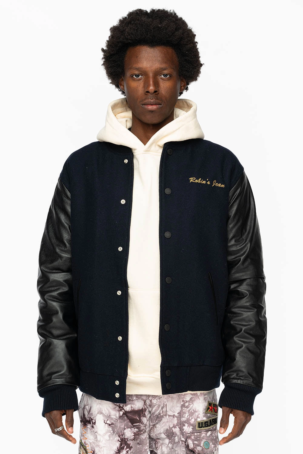 DoubleLayered Collar ROBIN??S WOOL & LEATHER VARSITY BOMBER JACKET IN NAVY/BLACK