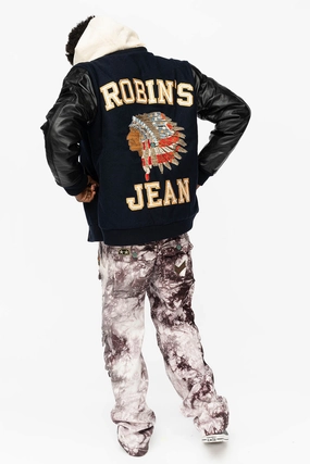 ROBIN??S WOOL & LEATHER VARSITY BOMBER JACKET IN NAVY/BLACK Bonded seams