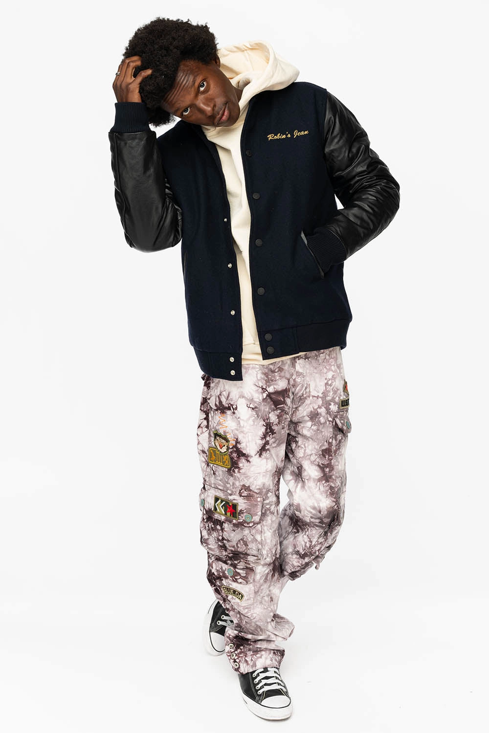 ROBIN??S WOOL & LEATHER VARSITY BOMBER JACKET IN NAVY/BLACK Thermal Retention Layer