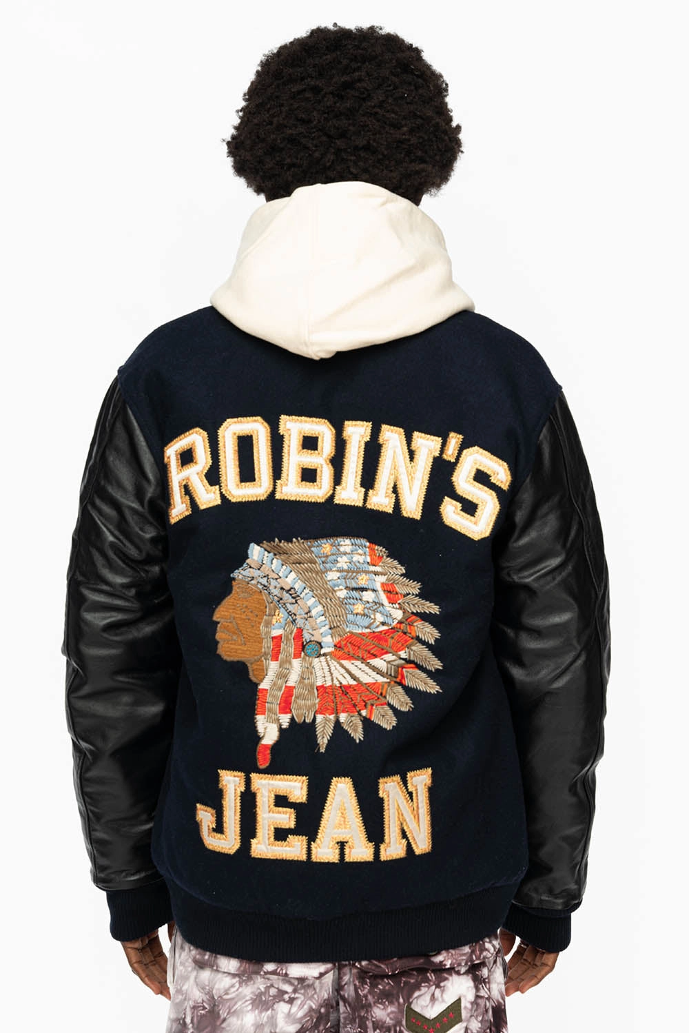 Hooded Comfort Fit ROBIN??S WOOL & LEATHER VARSITY BOMBER JACKET IN NAVY/BLACK
