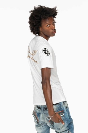 ROBIN??S LOGO WINGS TEE IN WHITE  EMBELLISHED WITH CROSS PATCHES AND CRYSTALS Chafe Free Armhole