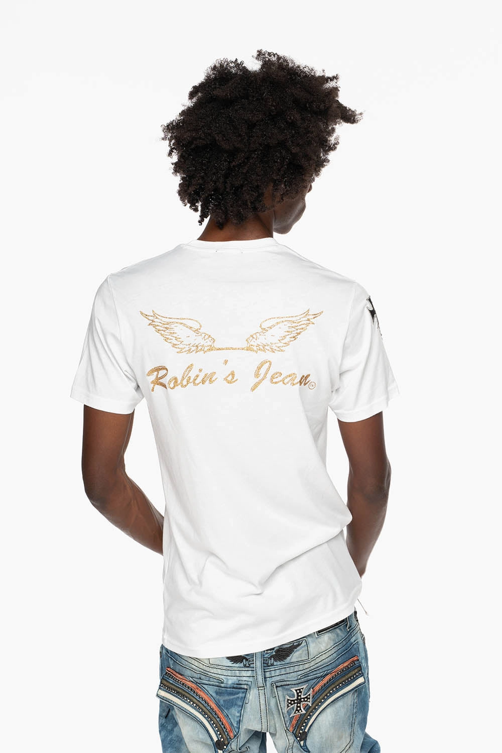 ROBIN??S LOGO WINGS TEE IN WHITE  EMBELLISHED WITH CROSS PATCHES AND CRYSTALS Holiday Casual