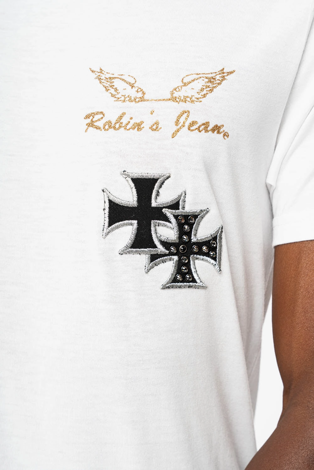 Natural Fiber Blend Breathable Wear Fit ROBIN??S LOGO WINGS TEE IN WHITE  EMBELLISHED WITH CROSS PATCHES AND CRYSTALS