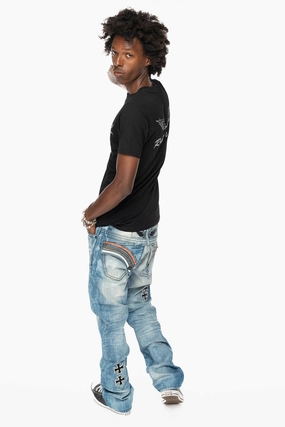 LIMITED EDITION LONG FLAP STRAIGHT JEANS IN AQUARAMA WASH  EMBELLISHED WITH CRYSTALS AND CROSS PATCHES Professional Wear Artist Vibe Fit Focus
