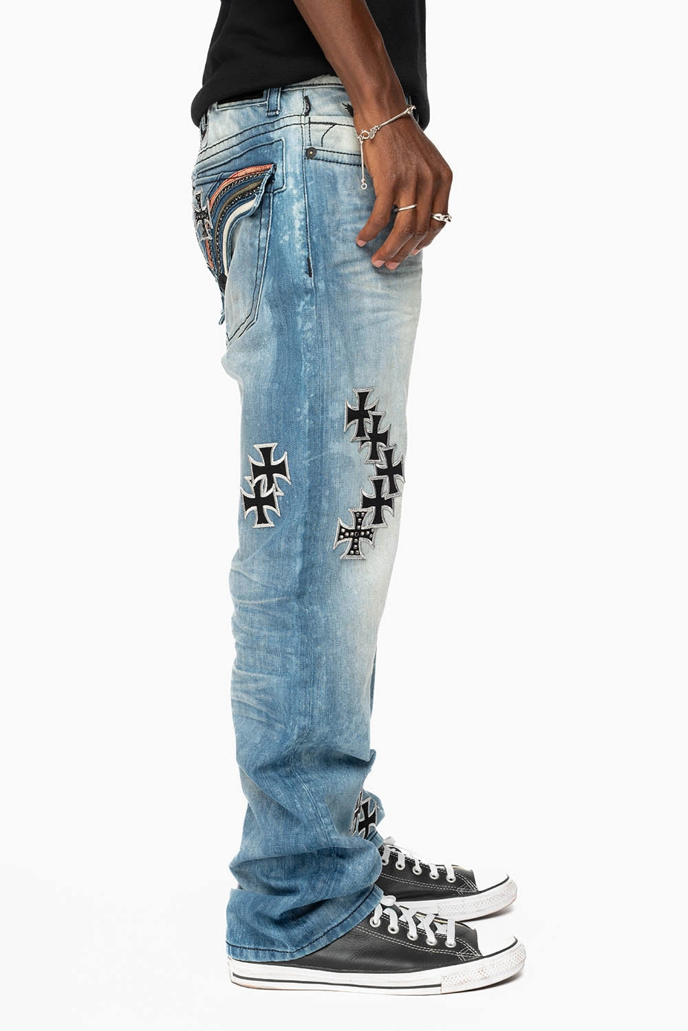 Spring Mood Trendy LIMITED EDITION LONG FLAP STRAIGHT JEANS IN AQUARAMA WASH  EMBELLISHED WITH CRYSTALS AND CROSS PATCHES