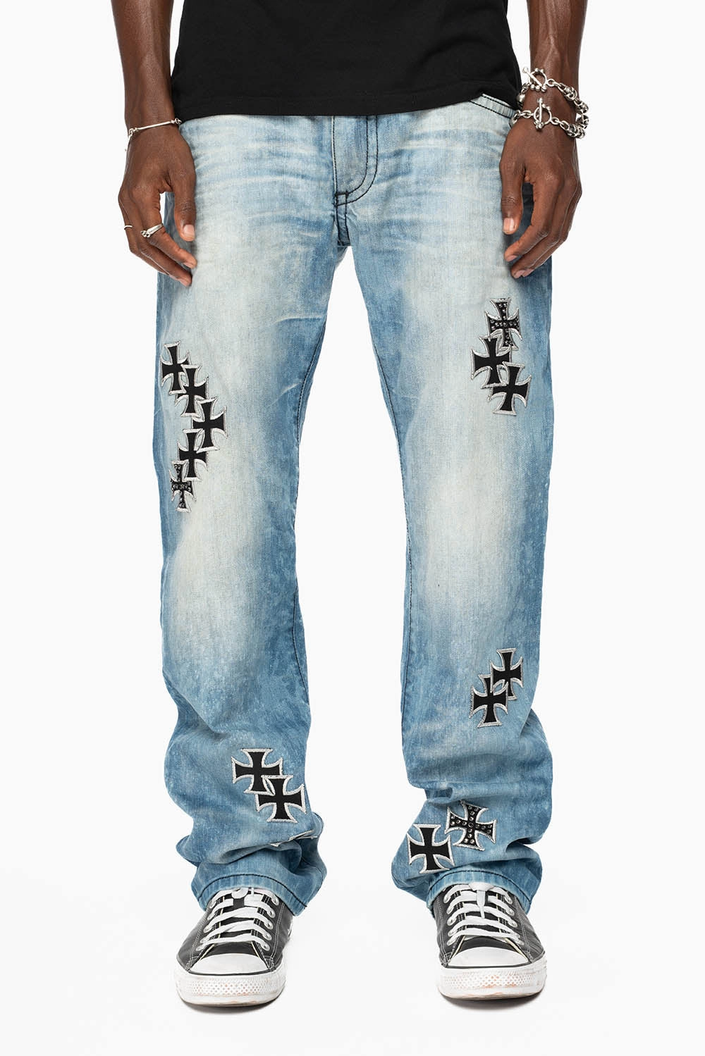 Weekend Getaway Stylish Textured Versatile Shopping Day LIMITED EDITION LONG FLAP STRAIGHT JEANS IN AQUARAMA WASH  EMBELLISHED WITH CRYSTALS AND CROSS PATCHES