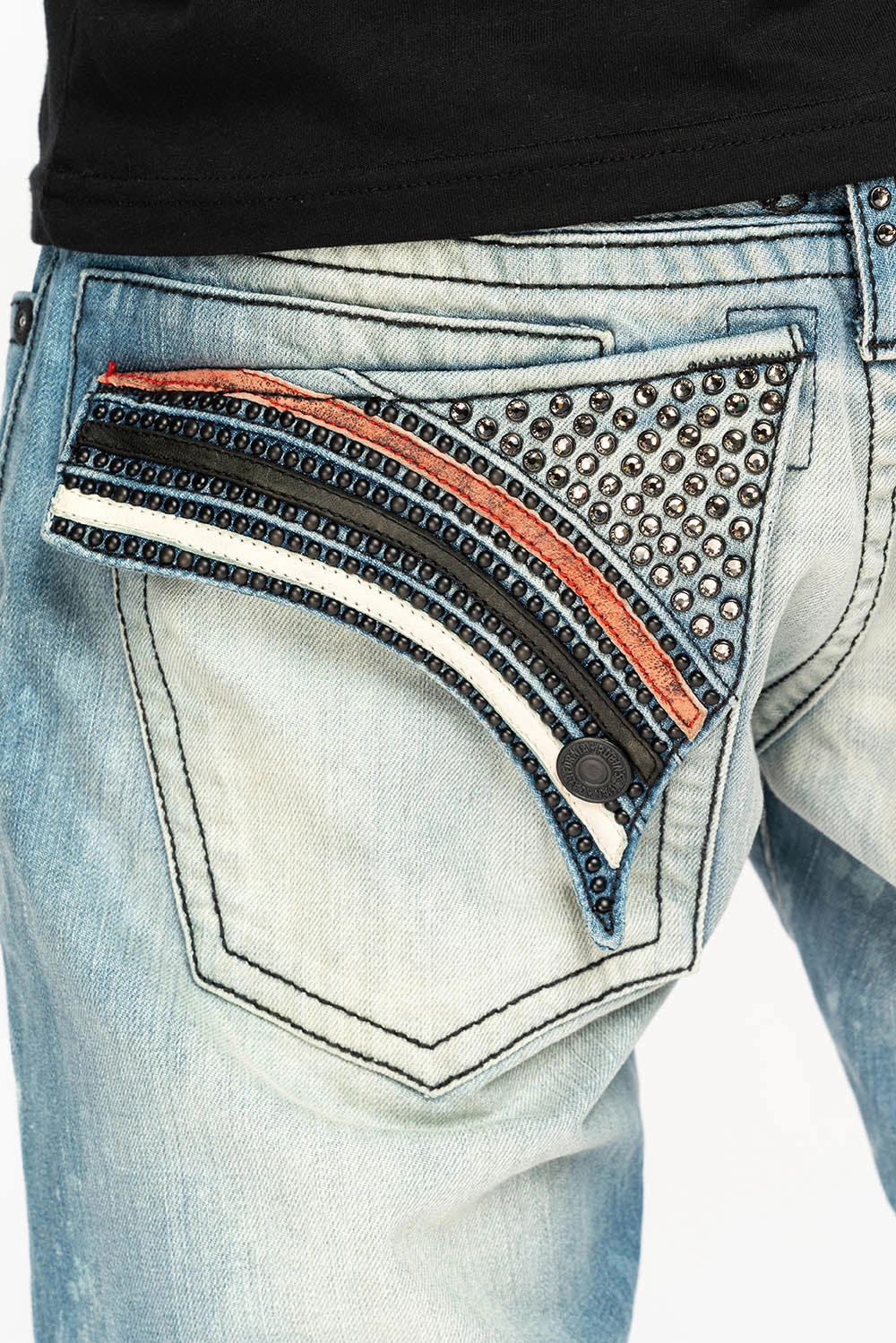 LIMITED EDITION LONG FLAP STRAIGHT JEANS IN AQUARAMA WASH WITH BLK LEATHER INSERTS EMBELLISHED WITH CRYSTALS Day Off Fit Weekend Warrior Festival Outfit Smooth