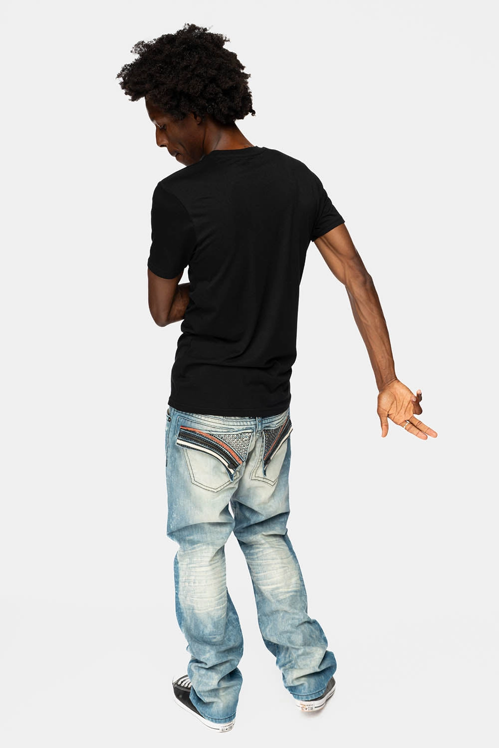 LIMITED EDITION LONG FLAP STRAIGHT JEANS IN AQUARAMA WASH WITH BLK LEATHER INSERTS EMBELLISHED WITH CRYSTALS Balanced Wardrobe Breathable Classic Wear Eco Friendly