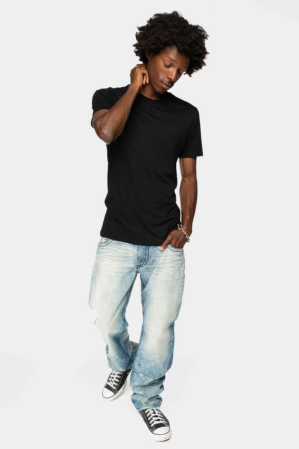 LIMITED EDITION LONG FLAP STRAIGHT JEANS IN AQUARAMA WASH WITH BLK LEATHER INSERTS EMBELLISHED WITH CRYSTALS Classic Item Flexible Match