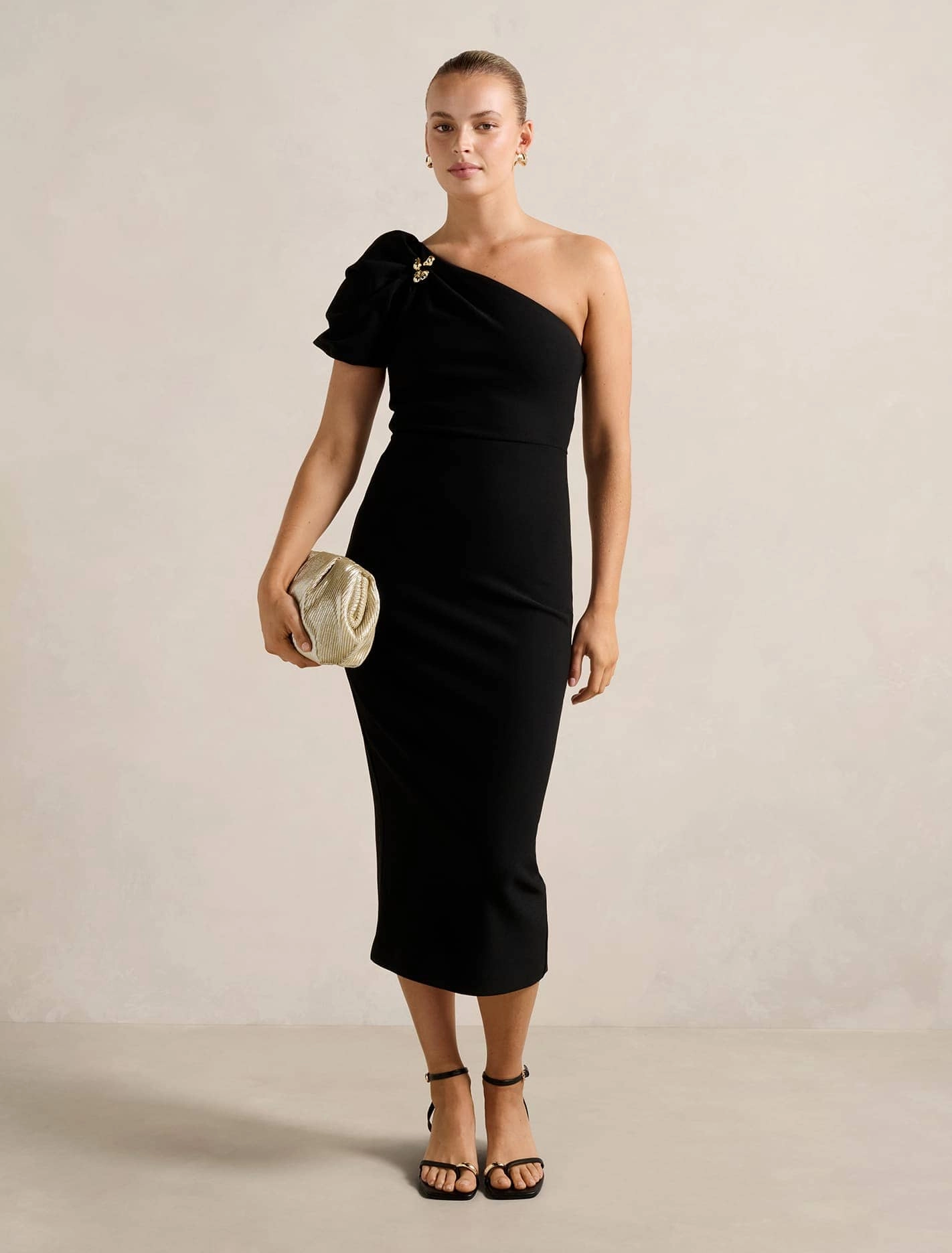 Chill Detail Trendy pick Linda One Shoulder Puff Sleeve Midi Dress