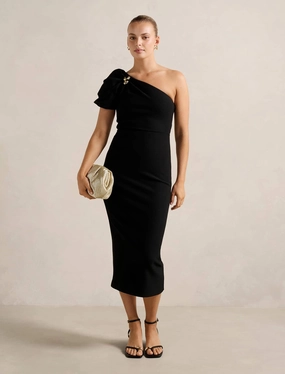 NonSlipClosure Bright Vibe Linda One Shoulder Puff Sleeve Midi Dress