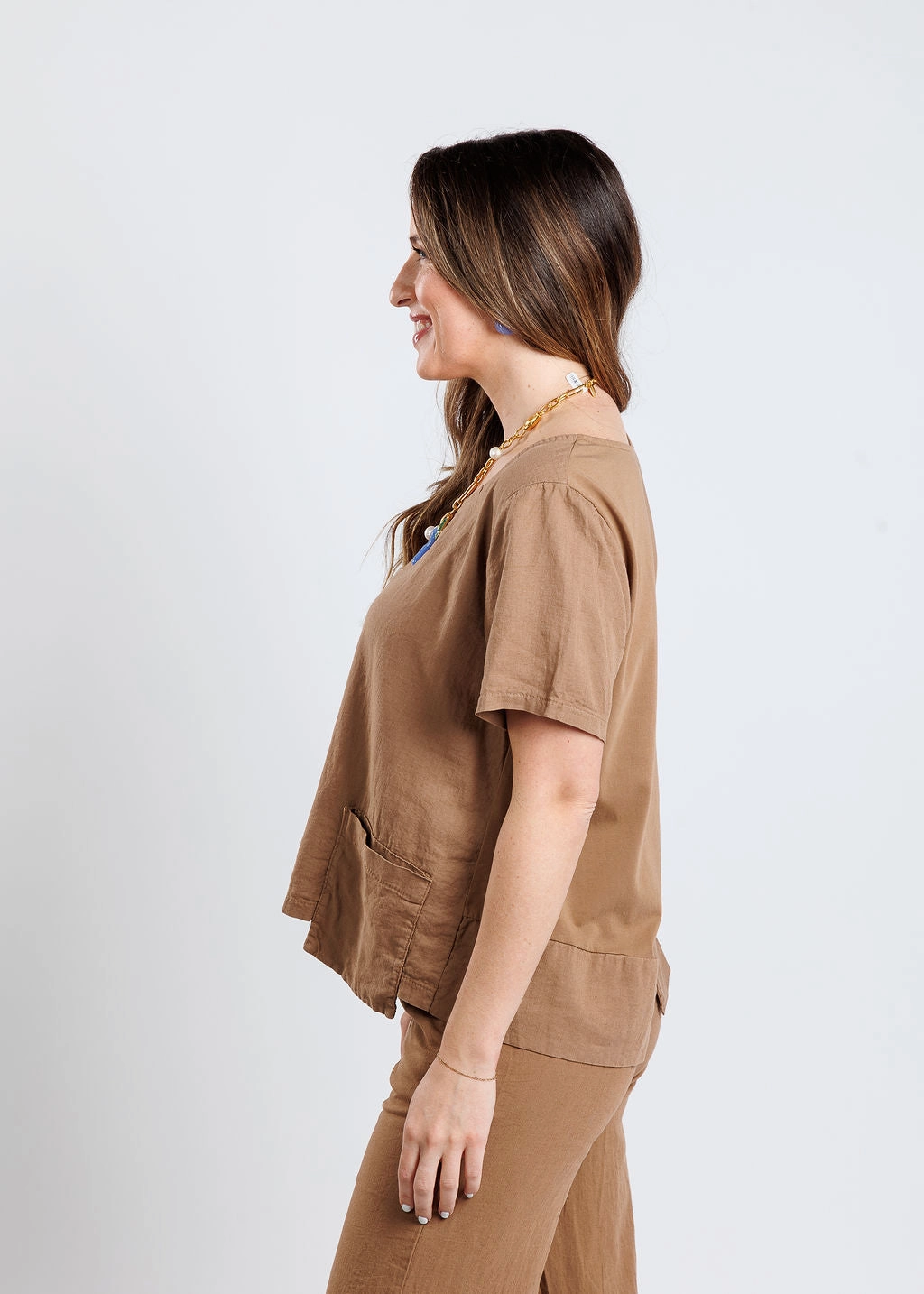 Layered Look Linen Pocket Top - Hazelnut