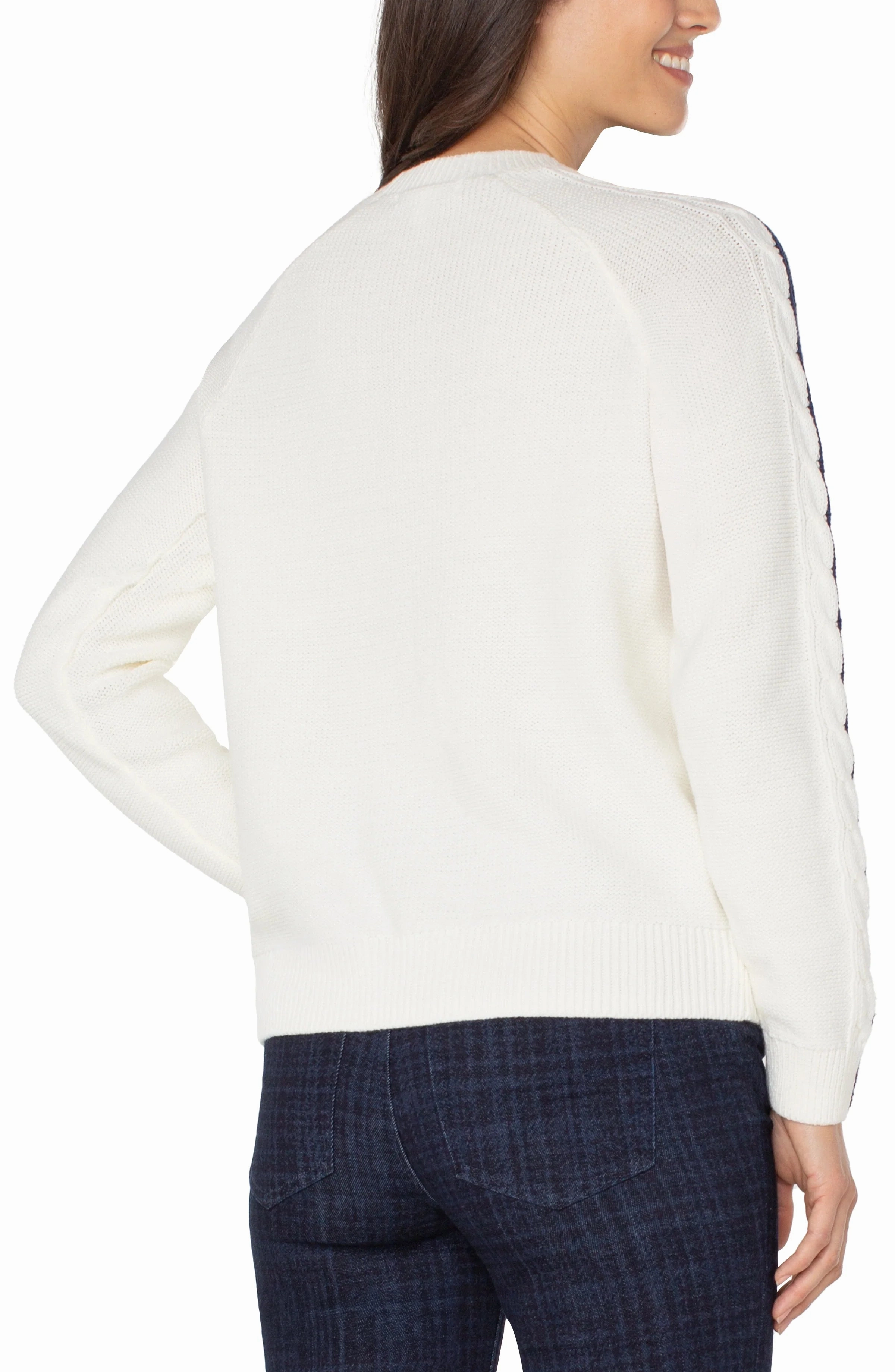 Wrinkle Free Texture Liverpool Cream & Navy Cable Knit Sweater