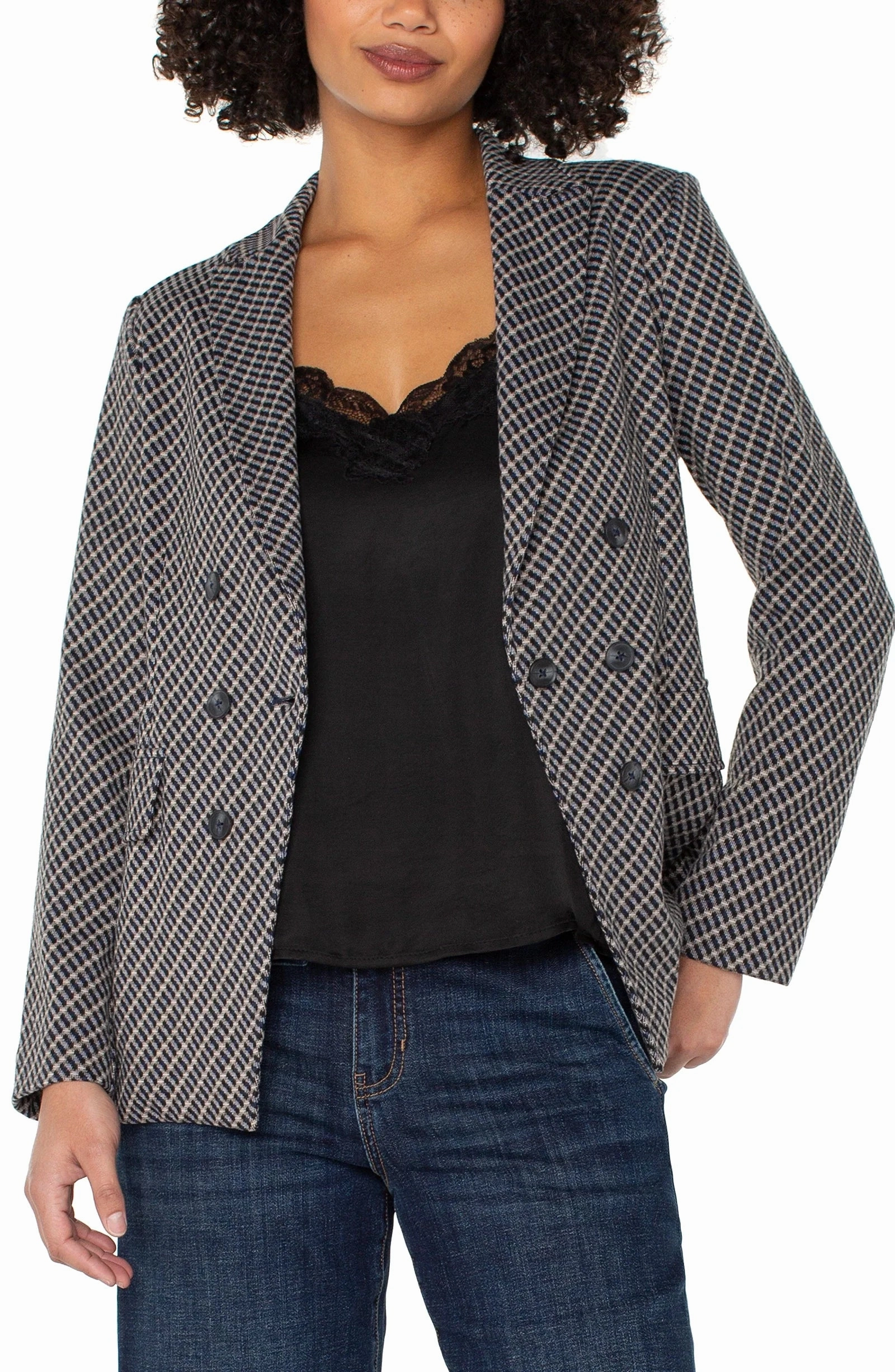 Ribbed Trim Cozy Blouse Liverpool Navy Check Faux Double Breasted Blazer