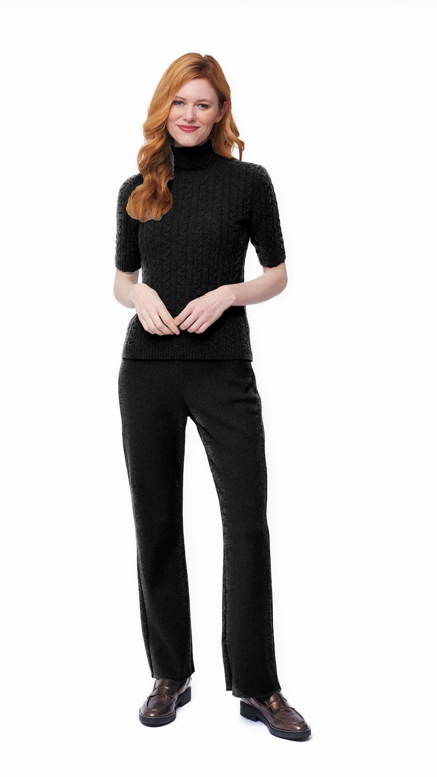 Lea Short Sleeved Cable-Knit Turtleneck - Black Polished Finish
