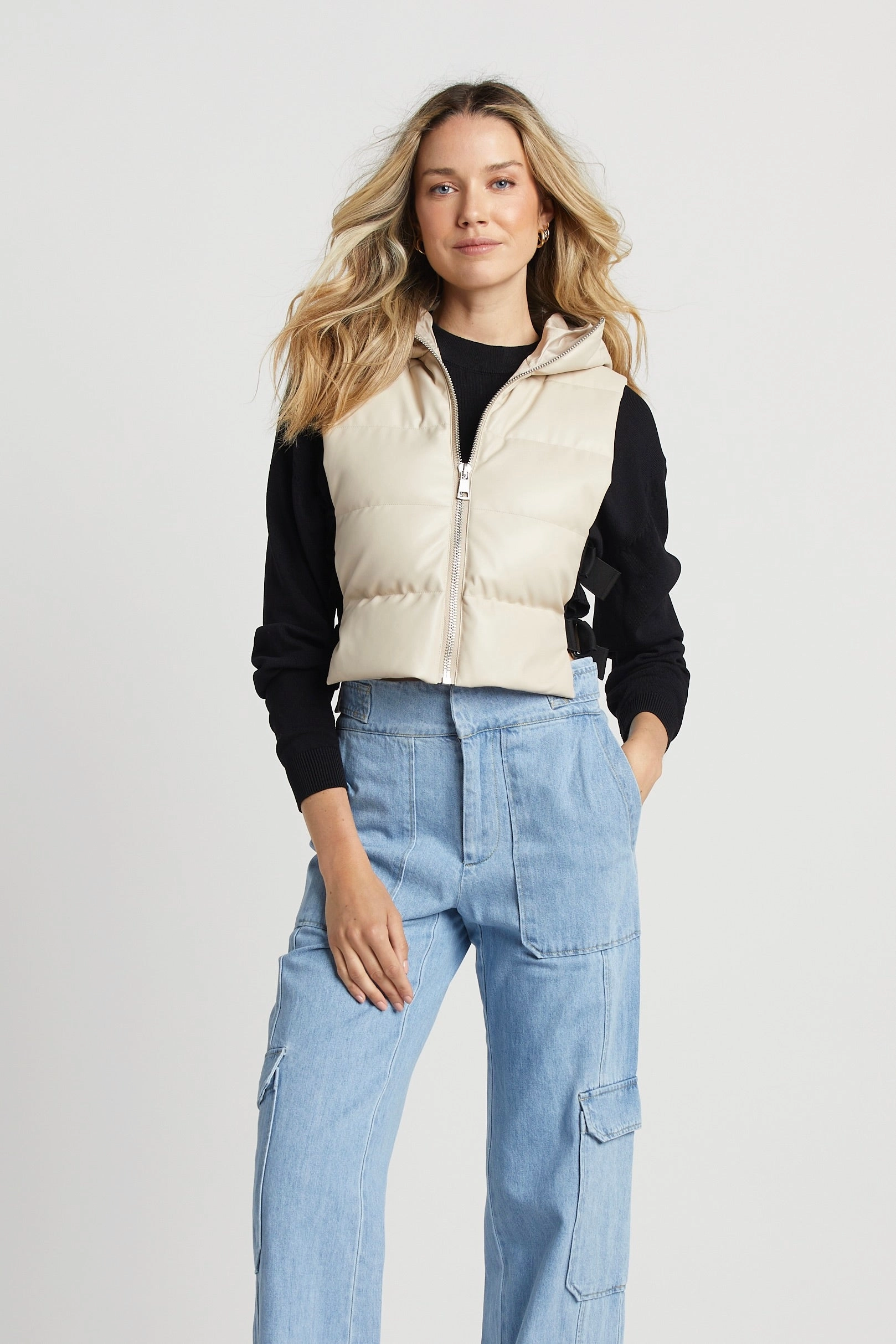 Secure Internal Pockets Teflon Finish Lola Vegan Leather Quilted Full Zip Gilet w/ Adjustable Side Buckles