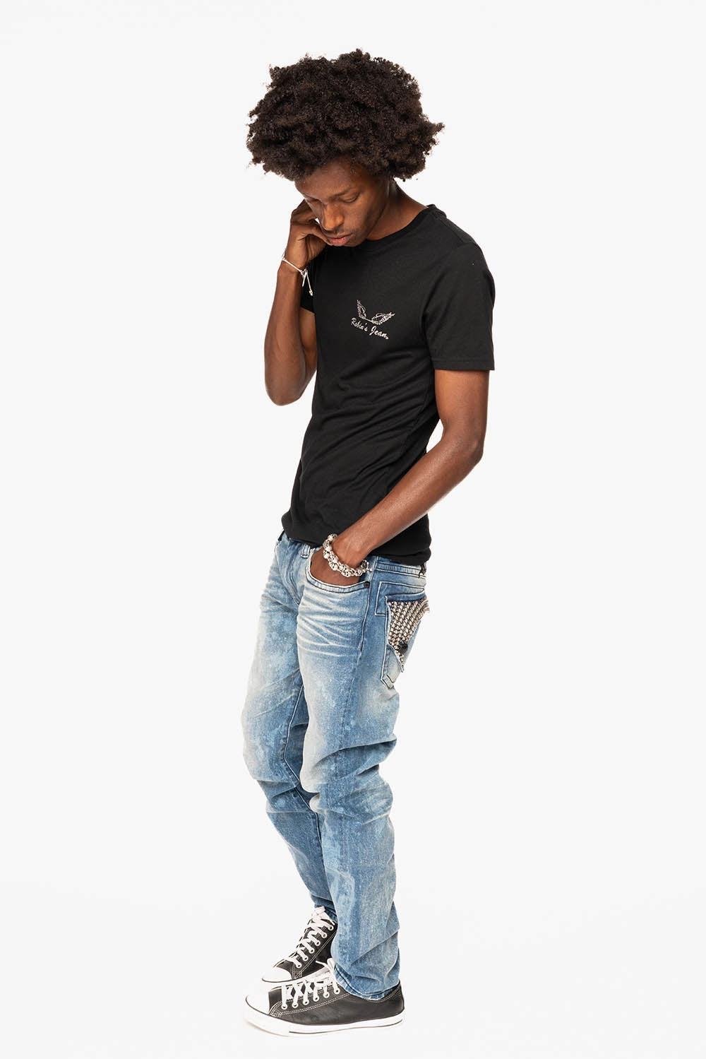 LONG FLAP SKINNY JEANS IN CRYSTAL BLUE WASH WITH STUDS AND CRYSTALS Affordable Durable