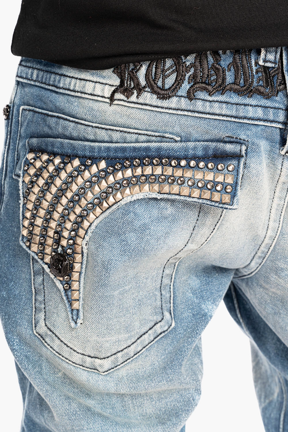 Smart Layer Autumn Days Unisex Wear Teen Outfit LONG FLAP SKINNY JEANS IN CRYSTAL BLUE WASH WITH STUDS AND CRYSTALS