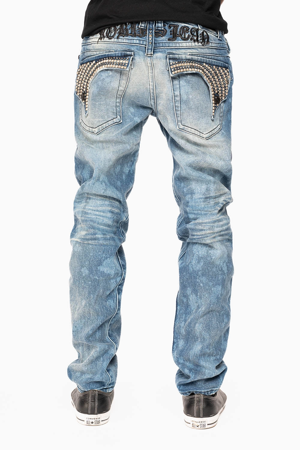 LONG FLAP SKINNY JEANS IN CRYSTAL BLUE WASH WITH STUDS AND CRYSTALS Layer game