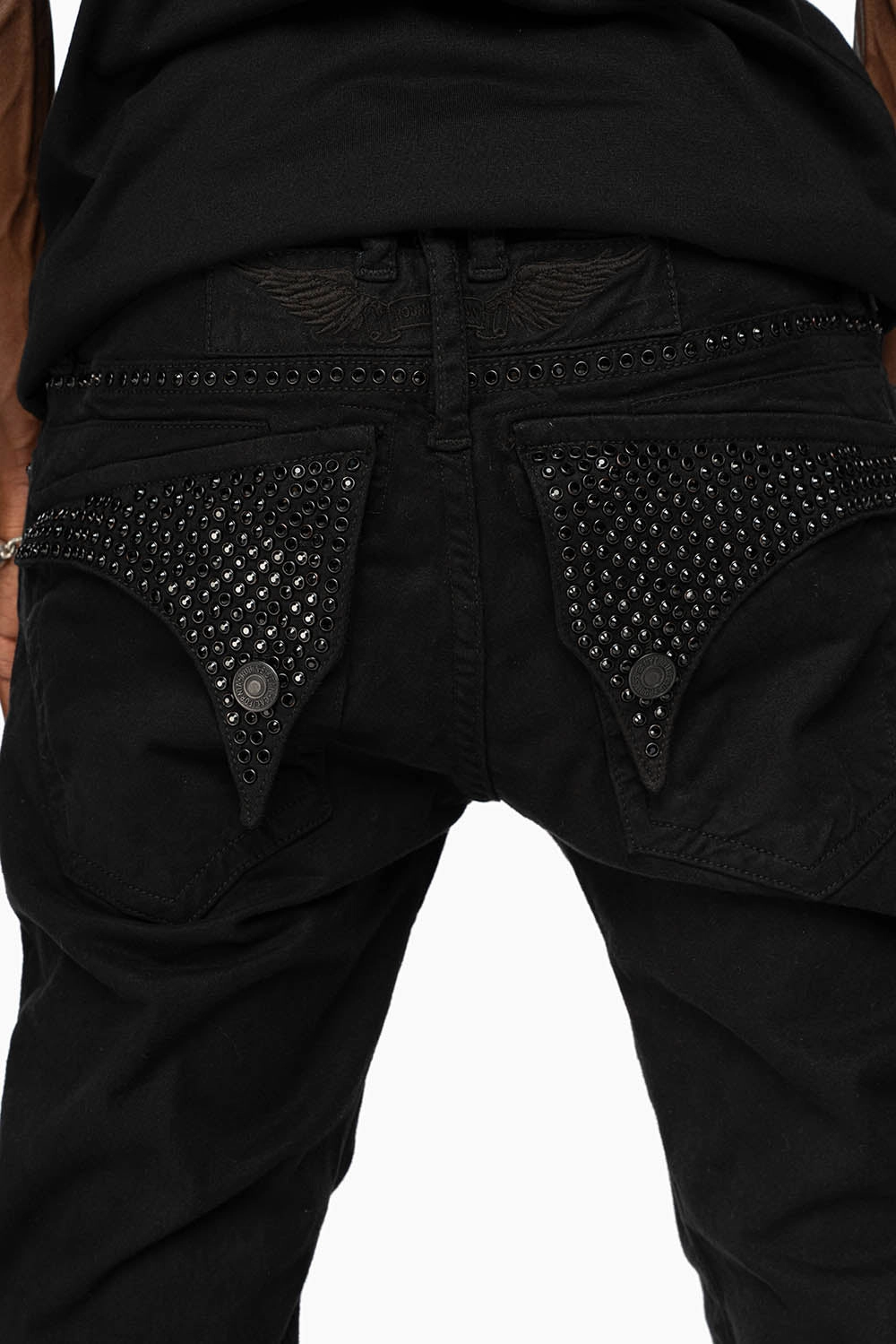 Daily Favorite Everyday Loose Music Event LONG FLAP SLIM FIT MENS JEANS WITH JET BLK CRYSTALS IN OVER-DYE BLACK