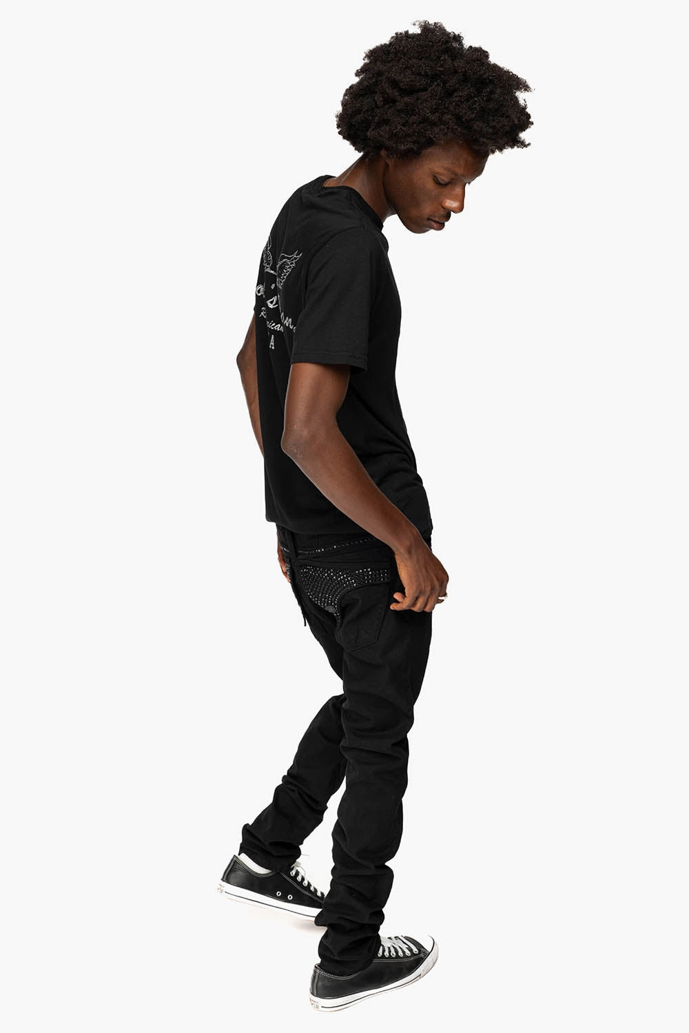 Multi Pocket Utility LONG FLAP SLIM FIT MENS JEANS WITH JET BLK CRYSTALS IN OVER-DYE BLACK