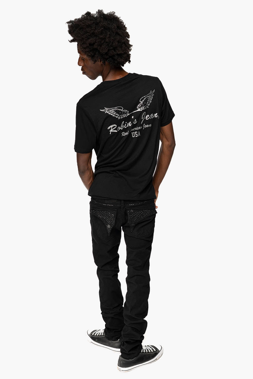 LONG FLAP SLIM FIT MENS JEANS WITH JET BLK CRYSTALS IN OVER-DYE BLACK Acid Wash Effect