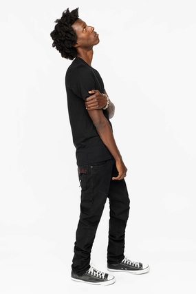 LONG FLAP SLIM FIT MENS JEANS WITH RED CRYSTALS  IN ANTIQUE BLACK Smooth Form Elegant Formal