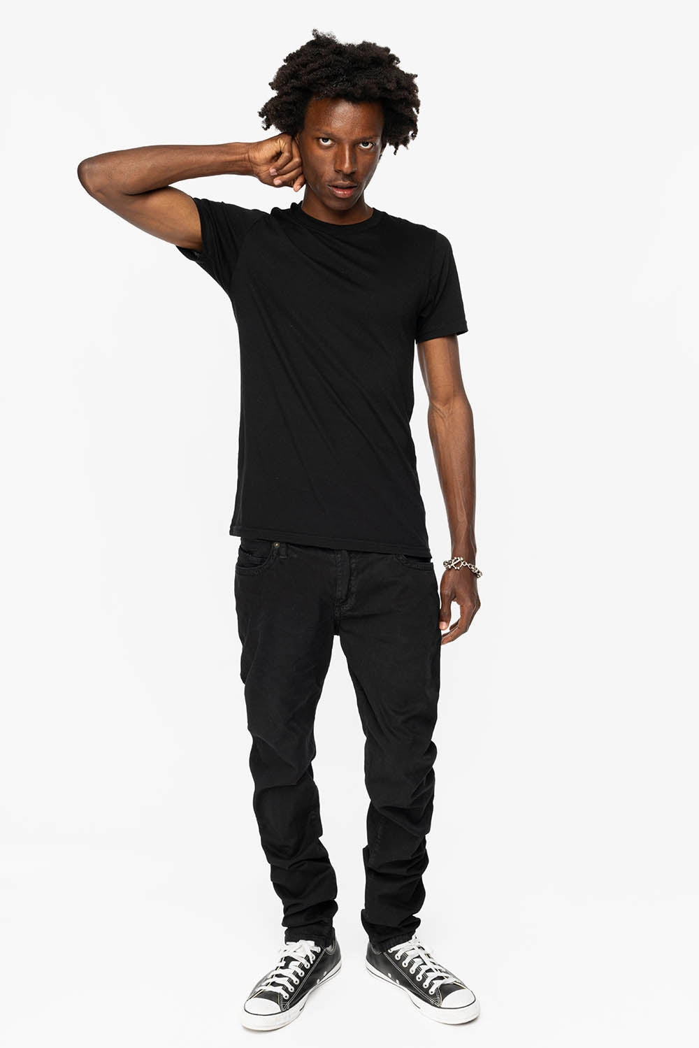 Garment Dyed Technique LONG FLAP SLIM FIT MENS JEANS WITH RED CRYSTALS  IN ANTIQUE BLACK