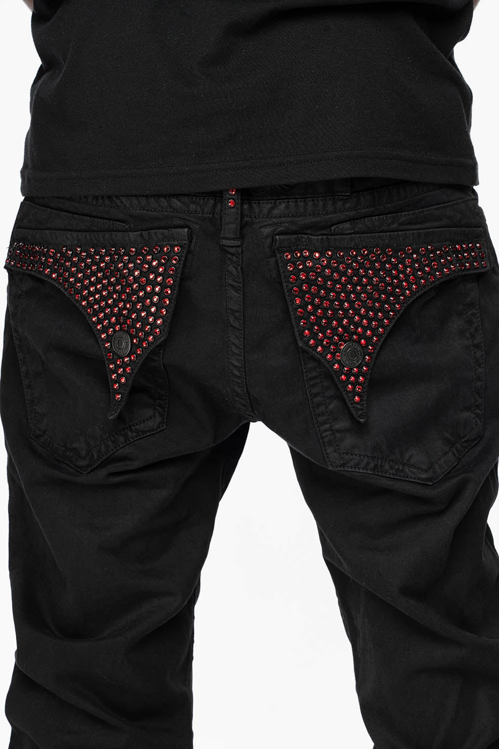 Festival Outfit Minimalist Style All Time Basic LONG FLAP SLIM FIT MENS JEANS WITH RED CRYSTALS  IN ANTIQUE BLACK