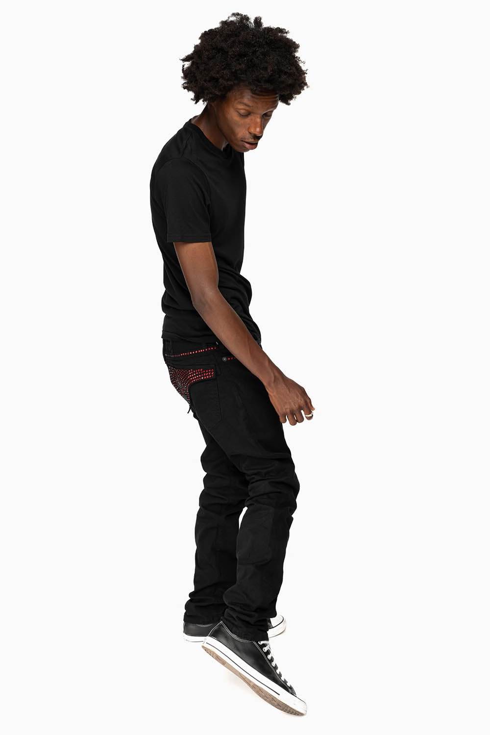 LONG FLAP SLIM FIT MENS JEANS WITH RED CRYSTALS IN OVER-DYE BLACK Modern Shopping Day Stylish Cut