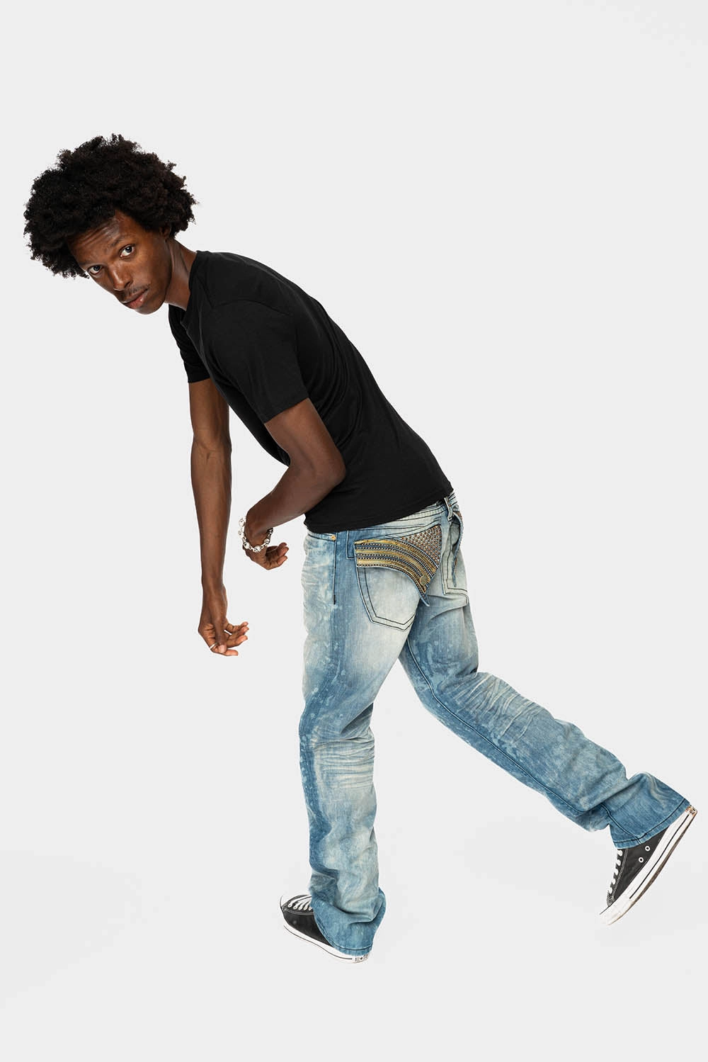 Work Ready Neutral Fit For Daily LONG FLAP STRAIGHT JEANS IN AQUARAMA WASH WITH TAN LEATHER INSERTS EMBELLISHED WITH CRYSTALS