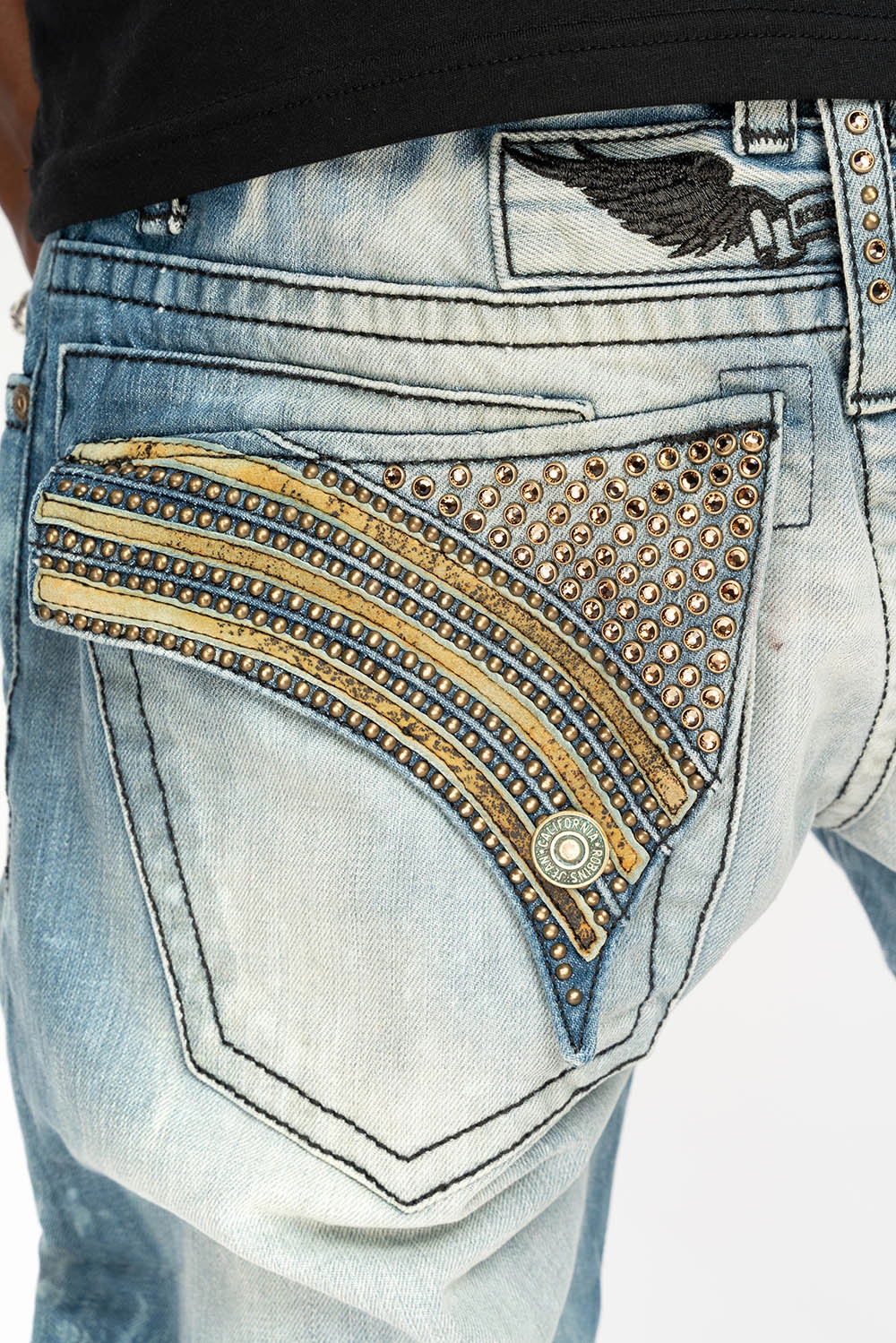 LONG FLAP STRAIGHT JEANS IN AQUARAMA WASH WITH TAN LEATHER INSERTS EMBELLISHED WITH CRYSTALS Premium Material Urban Uniform