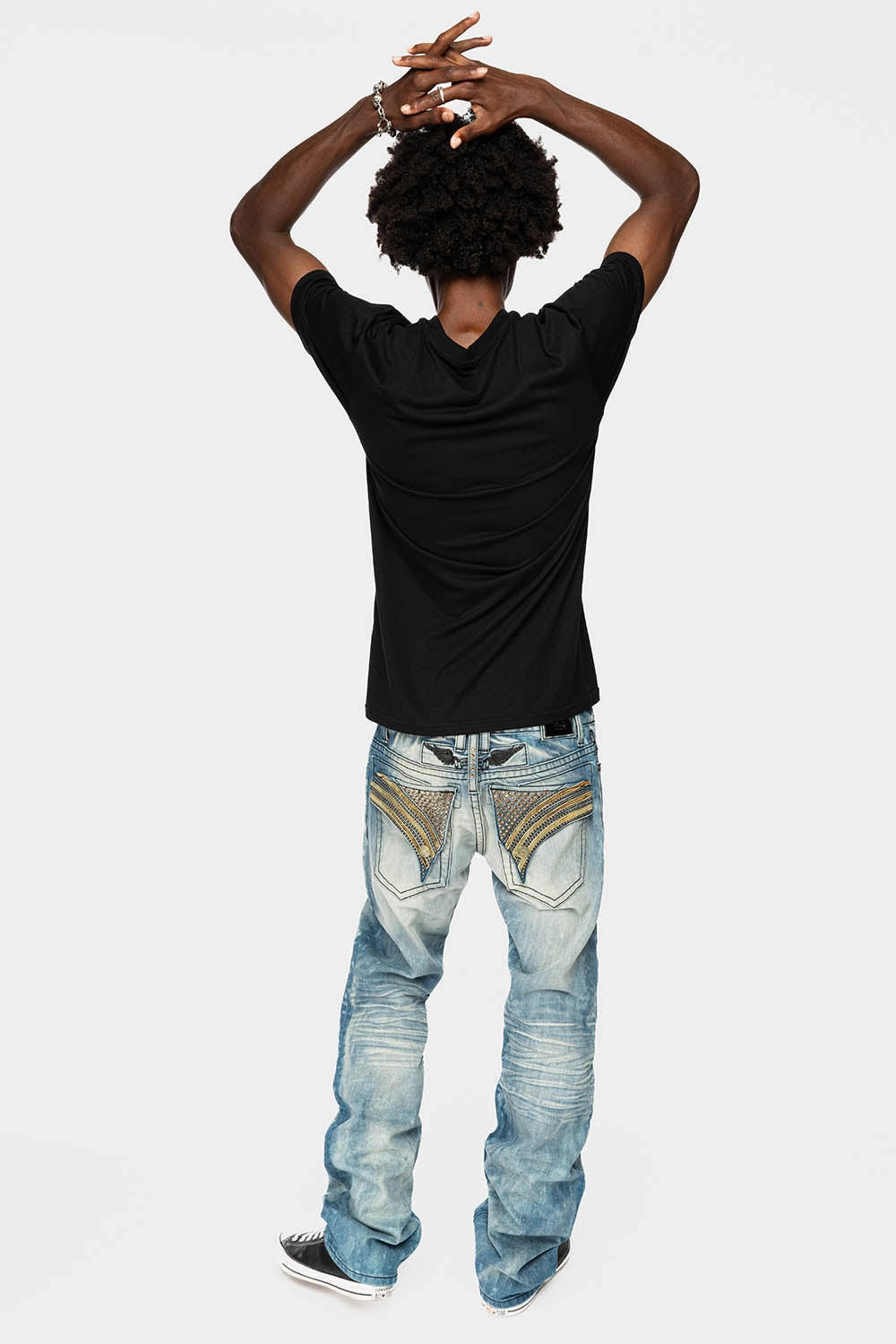 Universal Fit Design LONG FLAP STRAIGHT JEANS IN AQUARAMA WASH WITH TAN LEATHER INSERTS EMBELLISHED WITH CRYSTALS