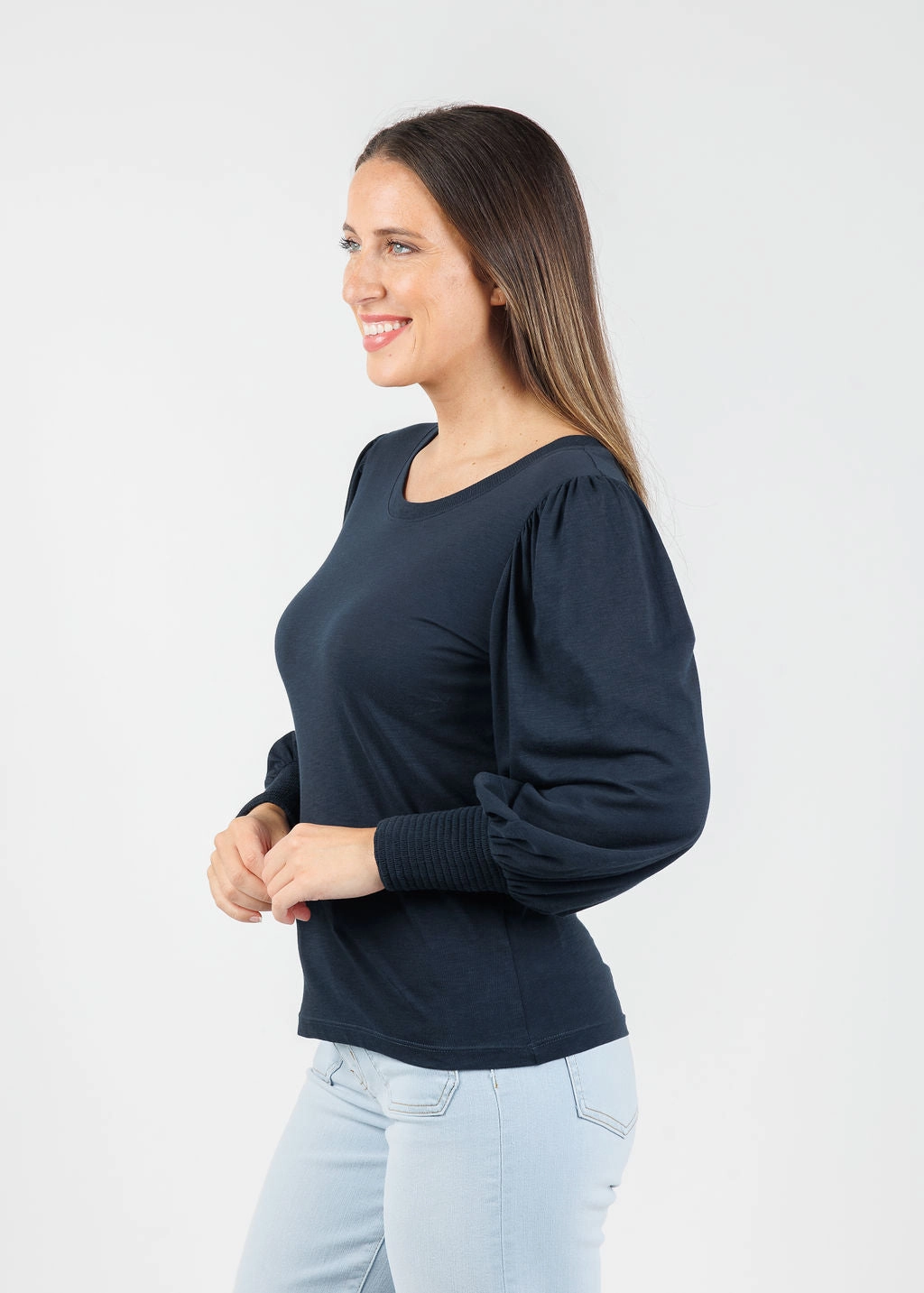 Loren Smocked Peasant Tee - Night Sky Thermal Regulation Fabric Spring Collection