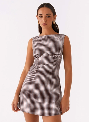 Easy Draping Lotus Tie Back Mini Dress - Chocolate Gingham