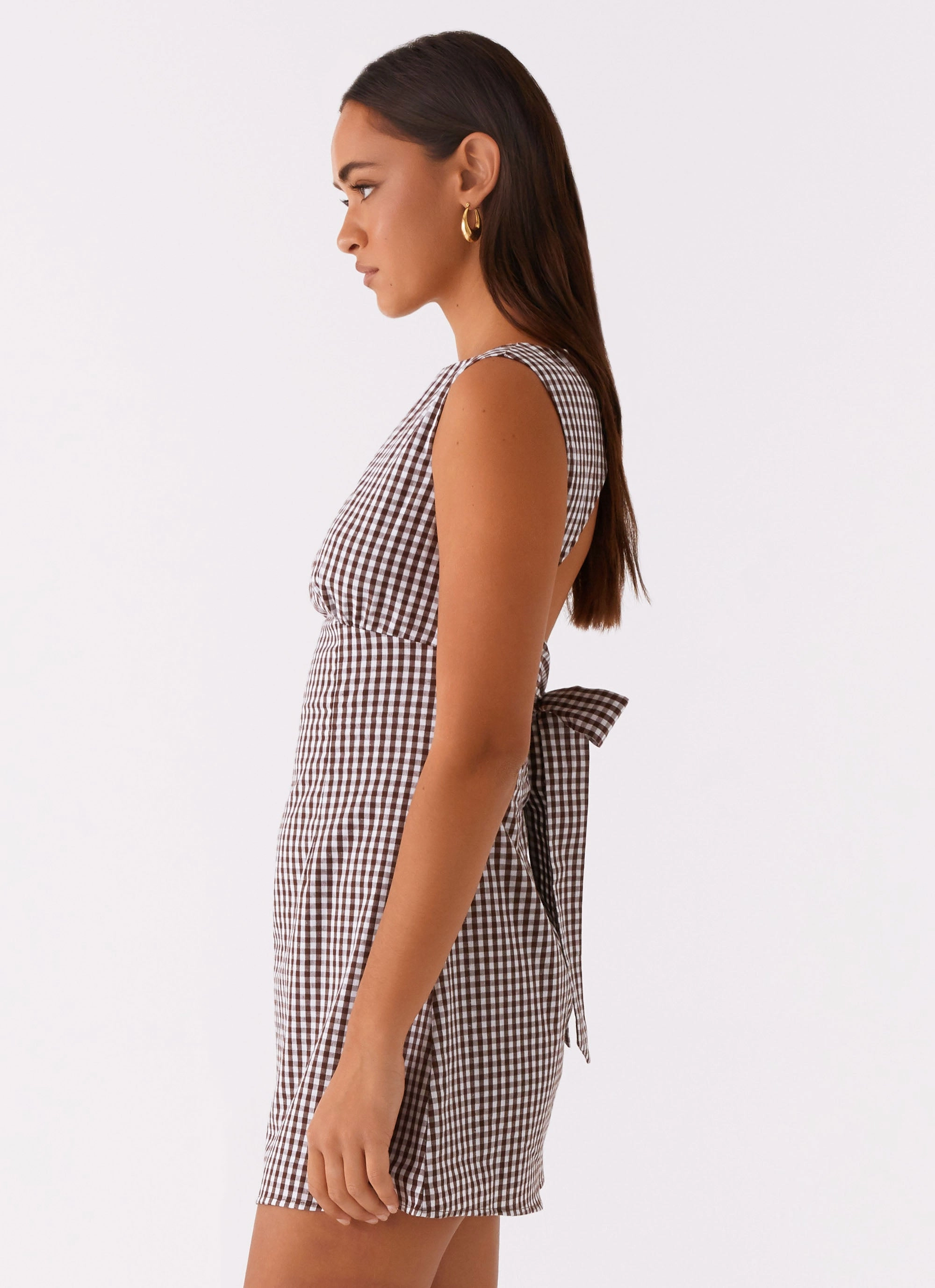 Daily Essential Lotus Tie Back Mini Dress - Chocolate Gingham