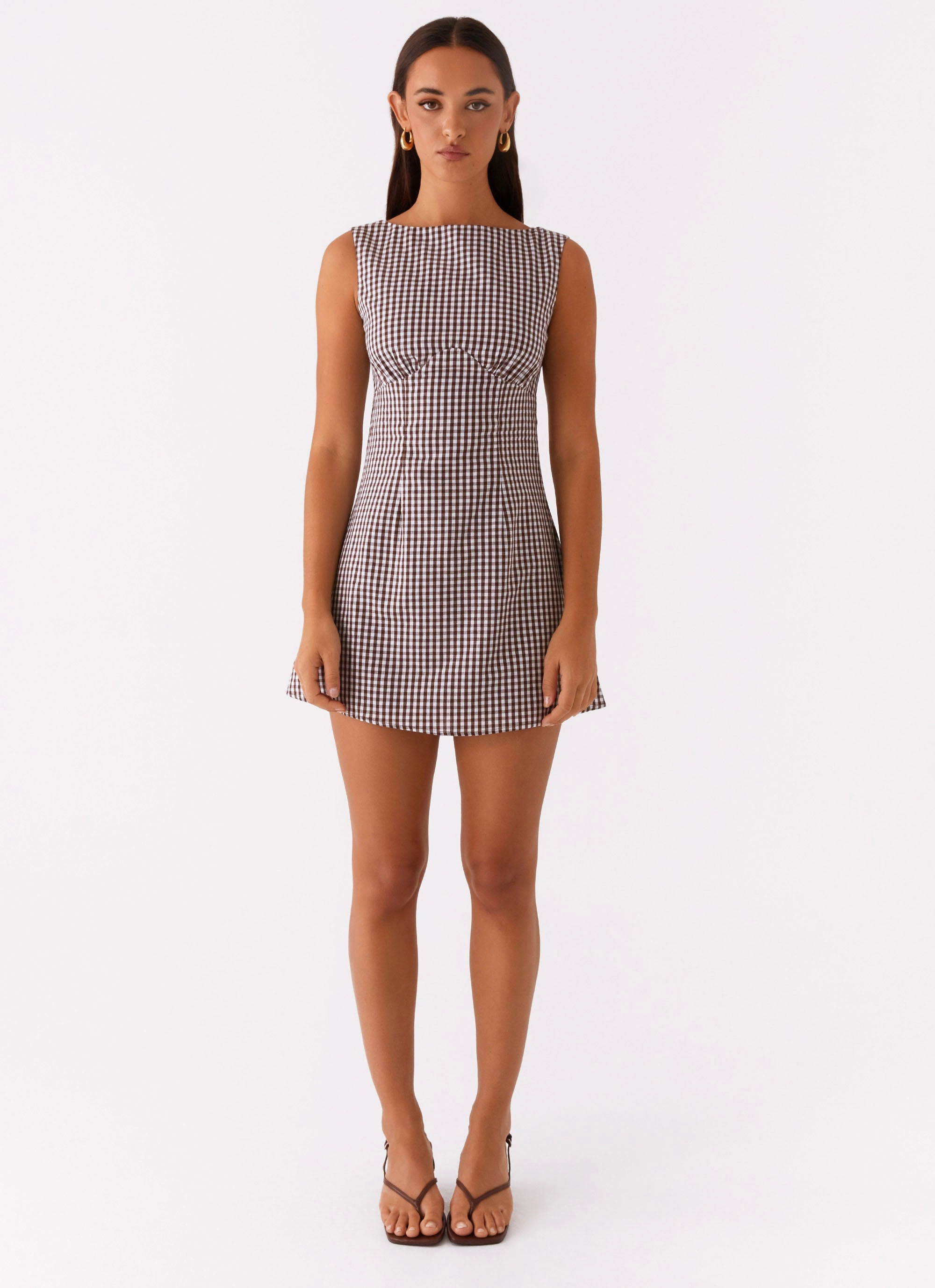 Tailored Piece Sheer Overlay Lotus Tie Back Mini Dress - Chocolate Gingham