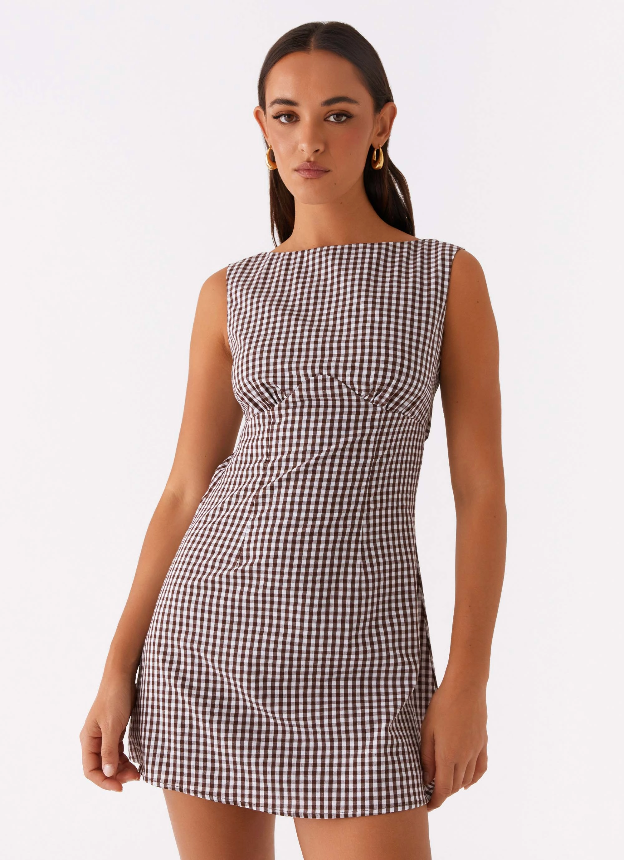 Easy Draping Lotus Tie Back Mini Dress - Chocolate Gingham