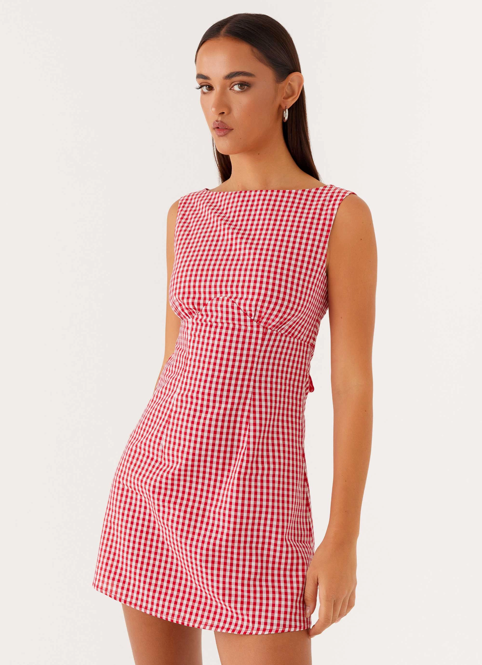 Timeless Soft Lotus Tie Back Mini Dress - Red Gingham