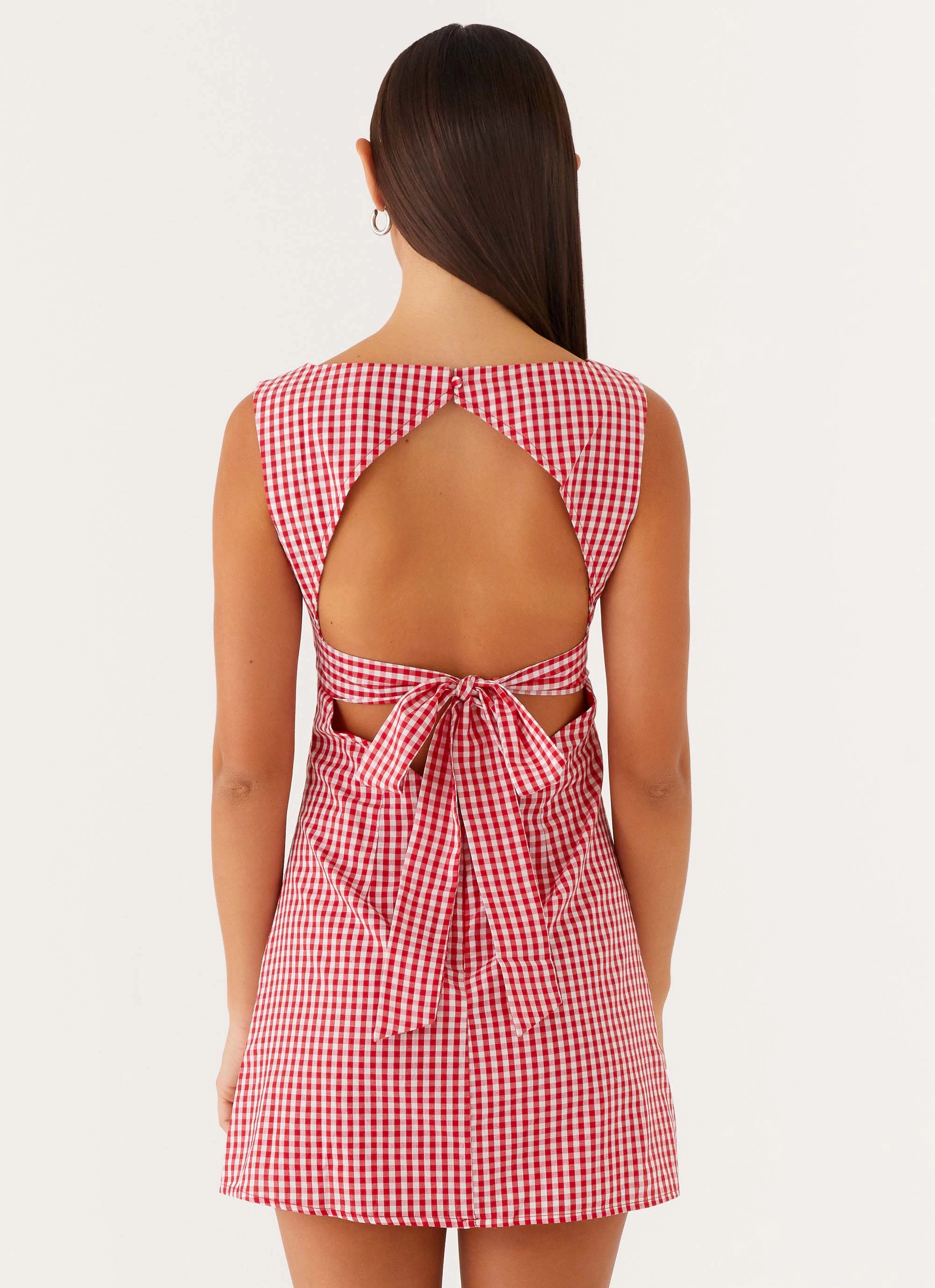 Lotus Tie Back Mini Dress - Red Gingham Pose Sweet Relax Style