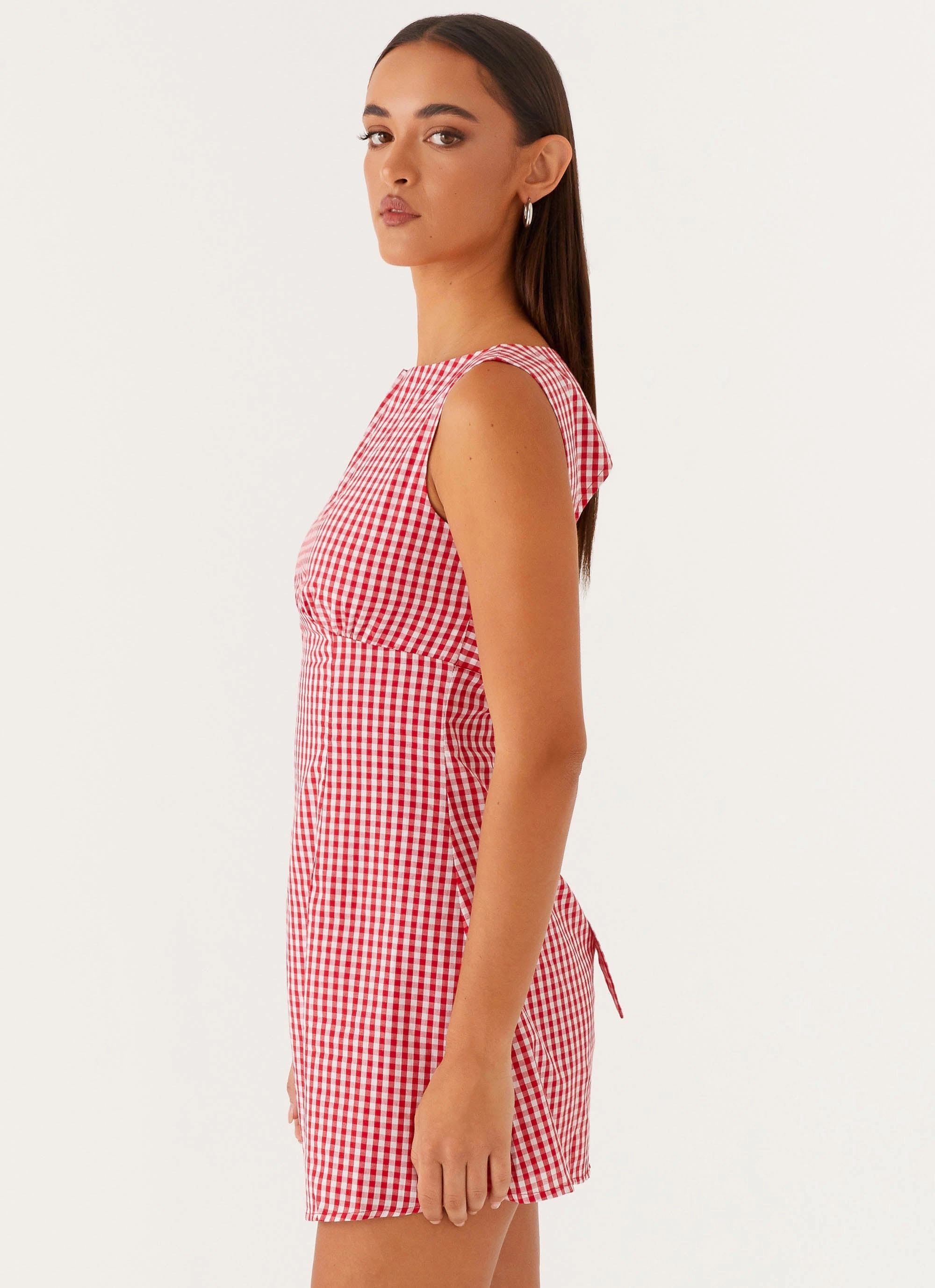 Stylish Pick Layered Fabric Lotus Tie Back Mini Dress - Red Gingham